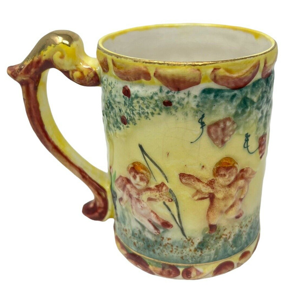 Hand Printed Modern Style Gold Handled Tea Coffee Mug Cherub Design - Picture 1 of 7